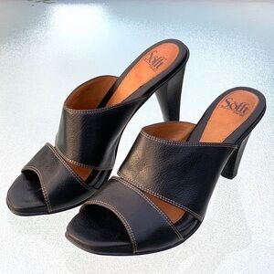 Söfft Black Leather Open Toe Wide Band Tapered Chunky Heel Sandals Women’s 10
